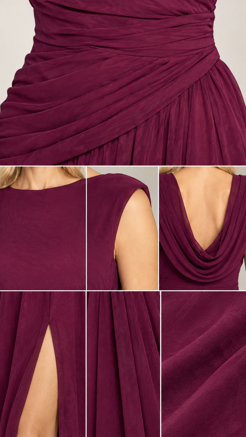 Close-up details of burgundy ruched waist, boat neckline, cowl back, and slit