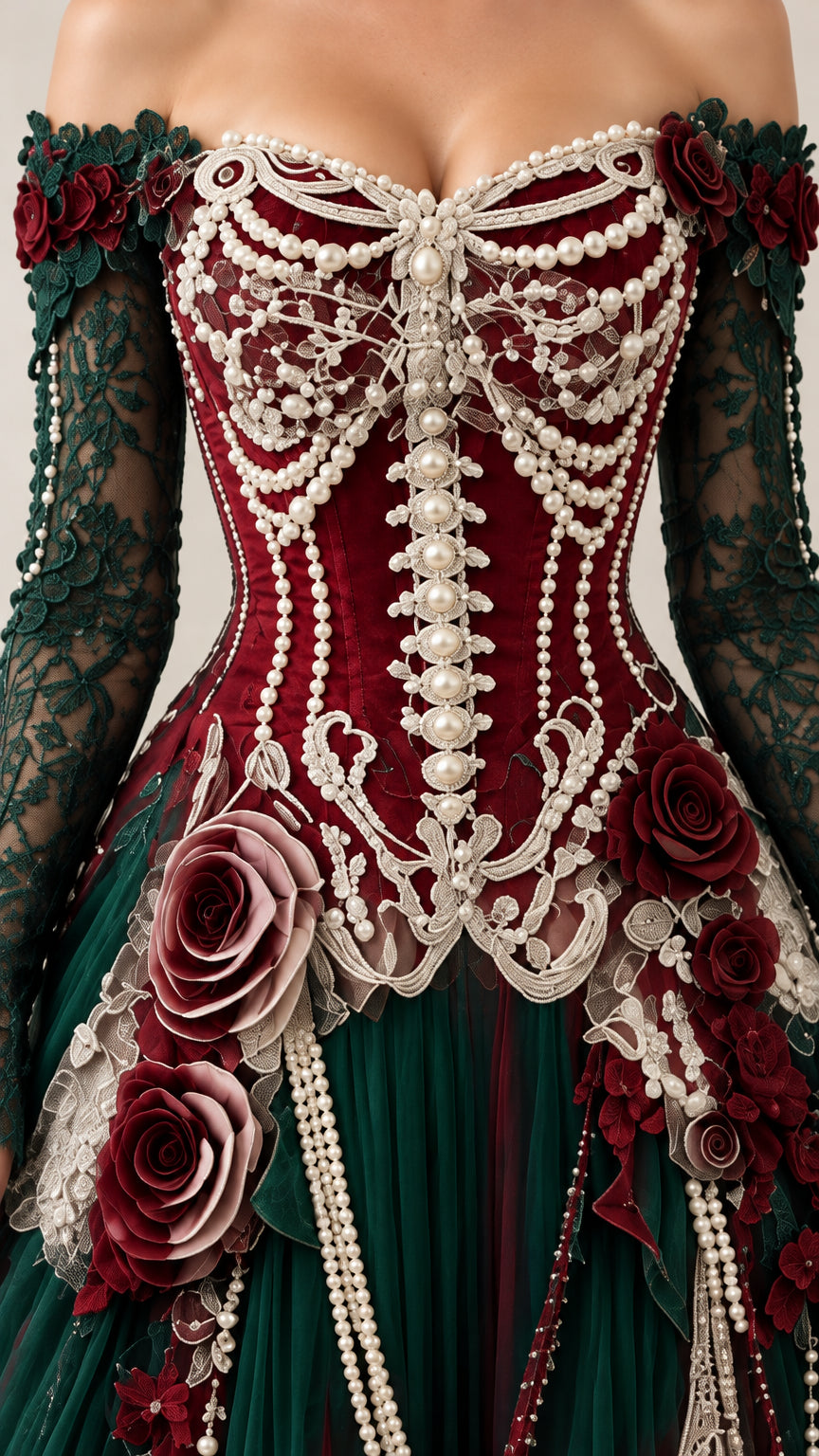 Close-up detail of beaded corset bodice with 3D rose appliqués and sheer lace sleeves