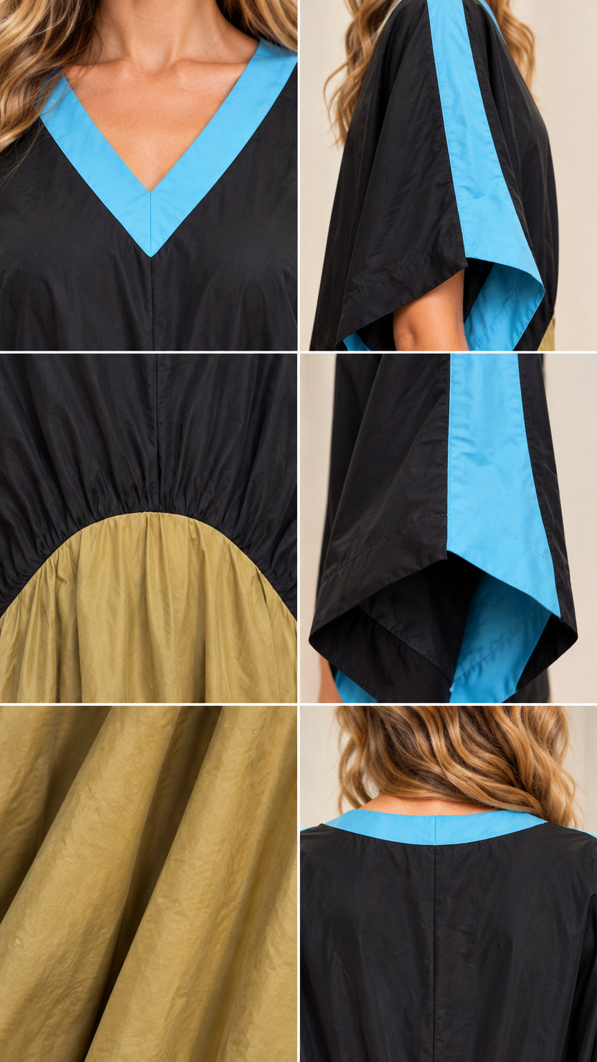 Close-up detail shots showing blue contrast V-neckline, batwing sleeve trim, and gathered waist