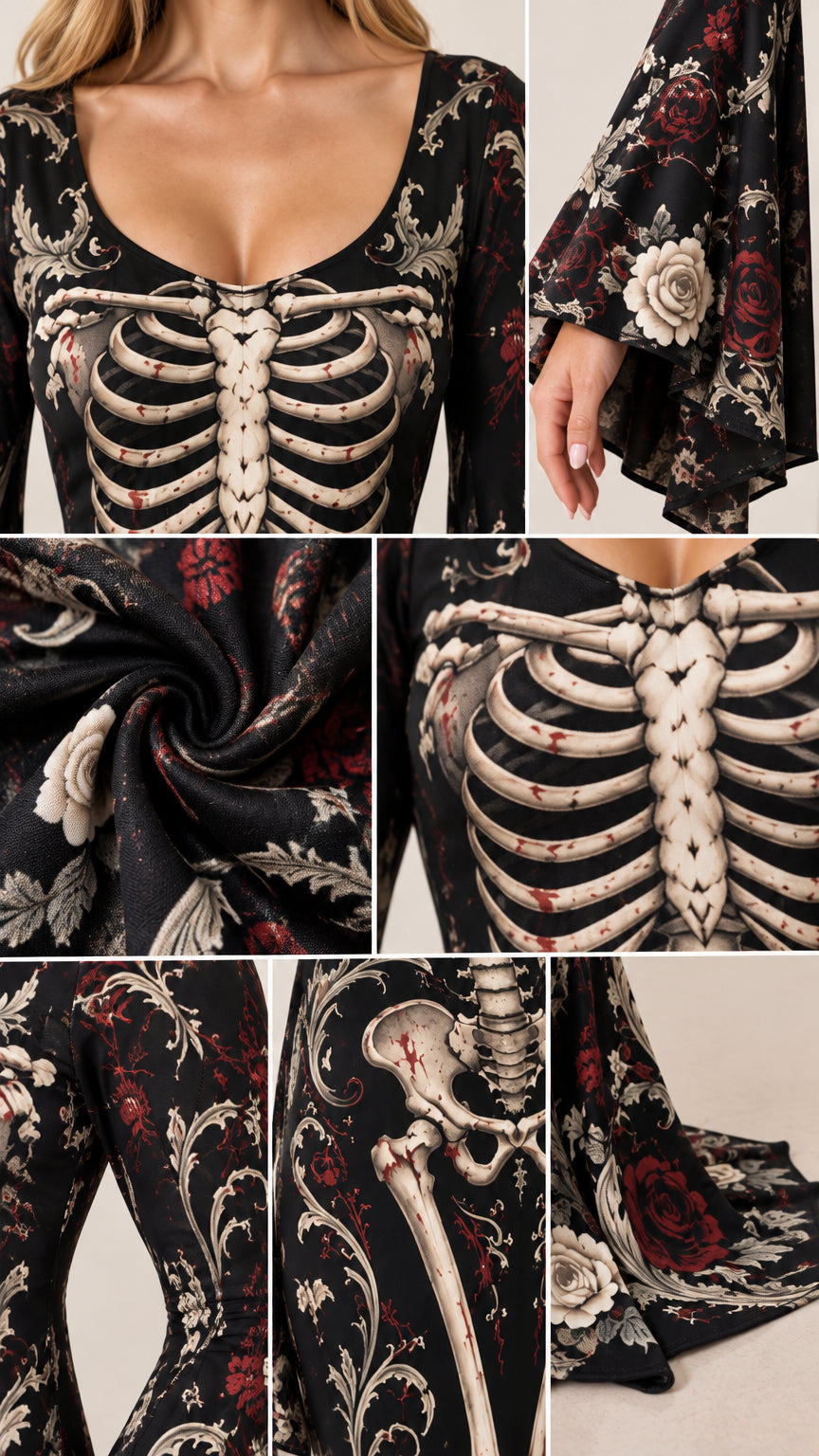 Close-up details of neckline, flared bell sleeves, and fabric texture on skeleton dress