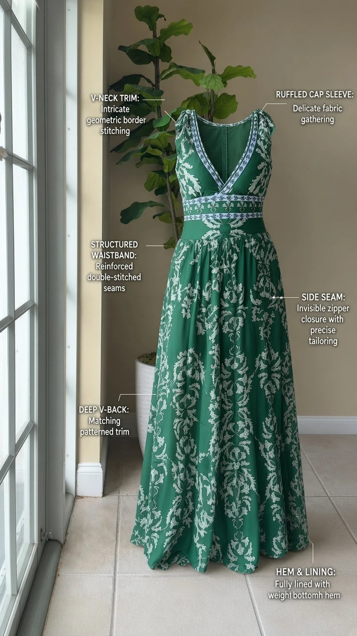 Product diagram showing construction details and features of the green floral maxi dress