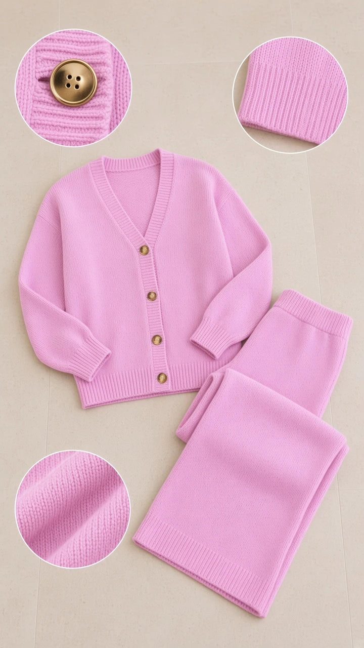 Flat lay of pink knit cardigan and pants with closeups of button and ribbed texture