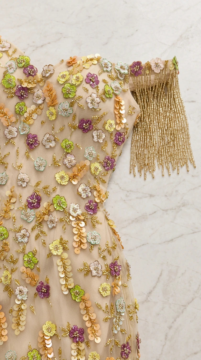 Close-up detail of multi-color 3D floral sequin appliqués and gold beaded sleeve fringe