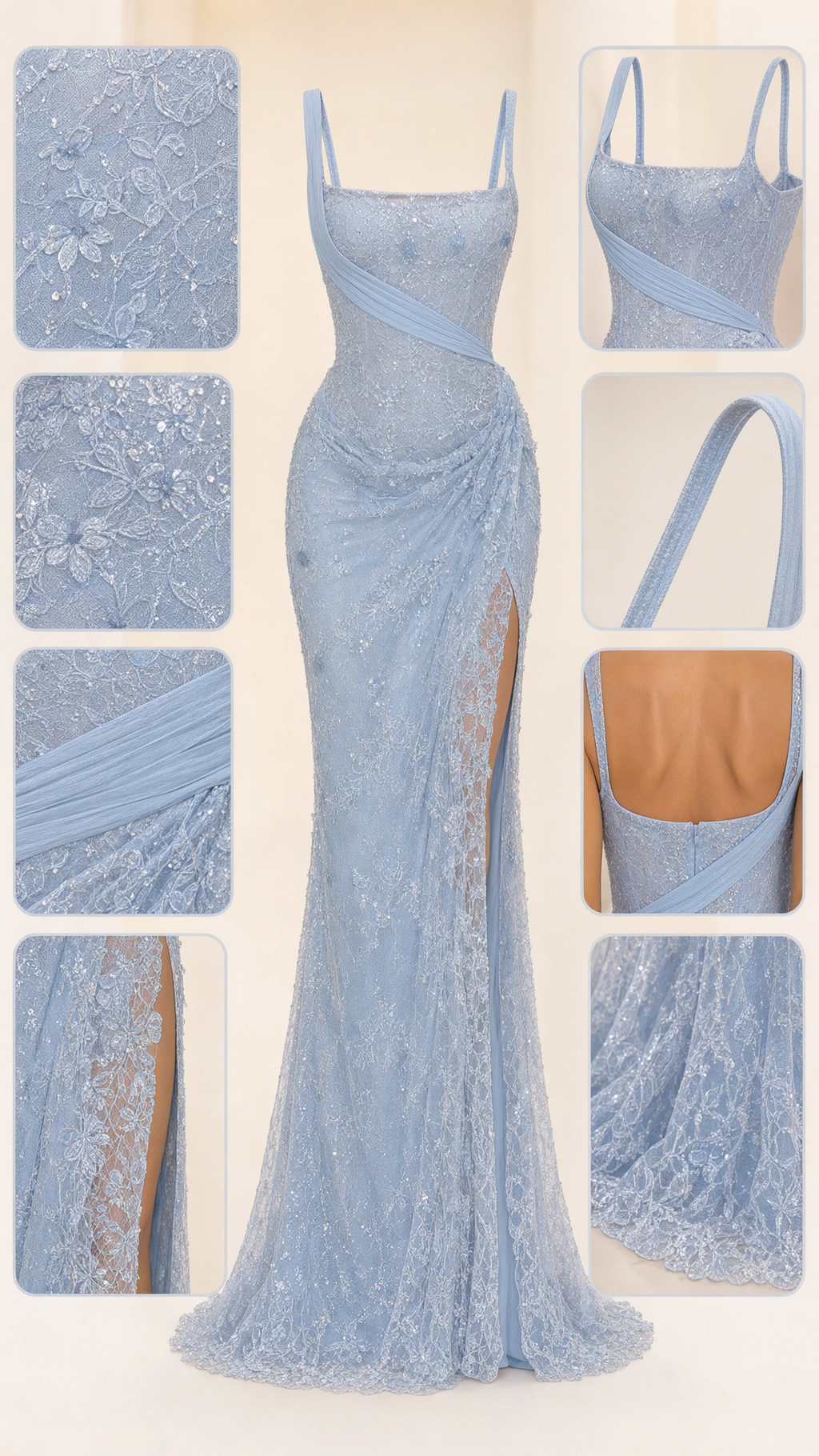 Detailed collage showing fabric texture, ruched bodice, and slit of Light Blue gown