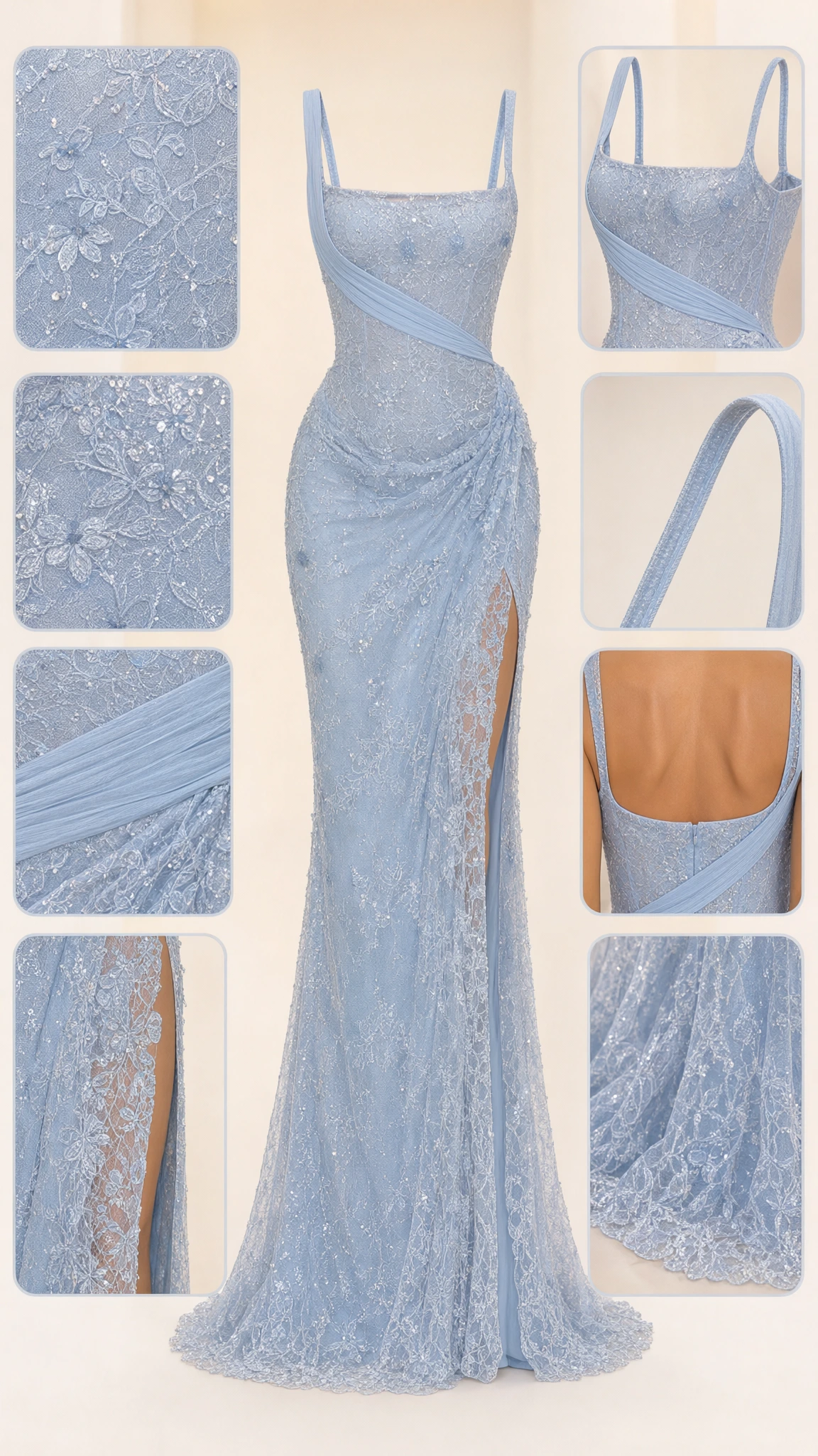 Detailed collage showing fabric texture, ruched bodice, and slit of Light Blue gown