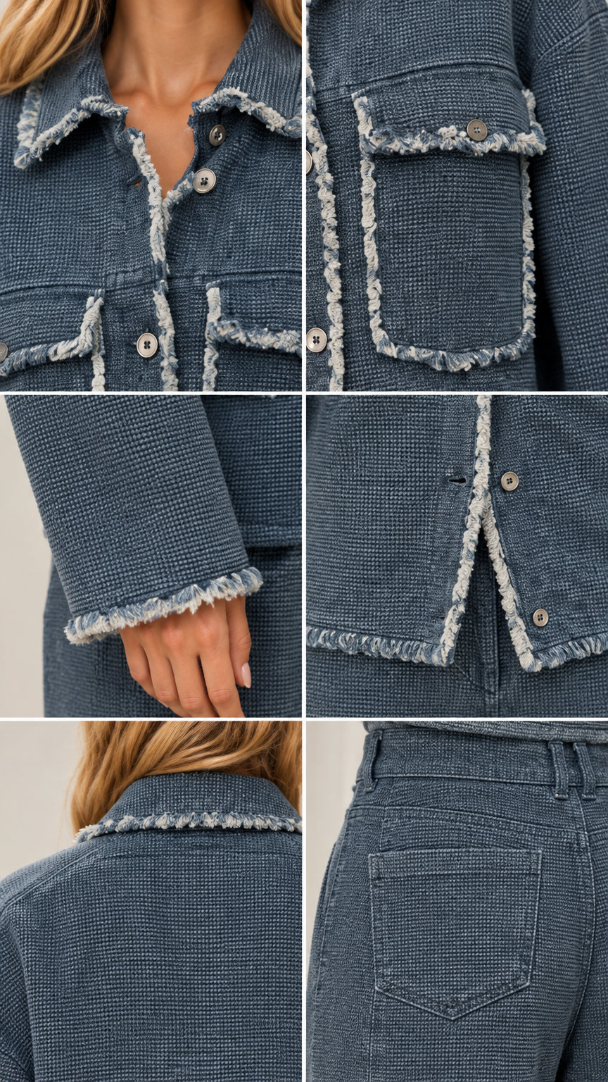 Close-up collage of frayed edge details, collar, buttons, and fabric texture on jacket and pants