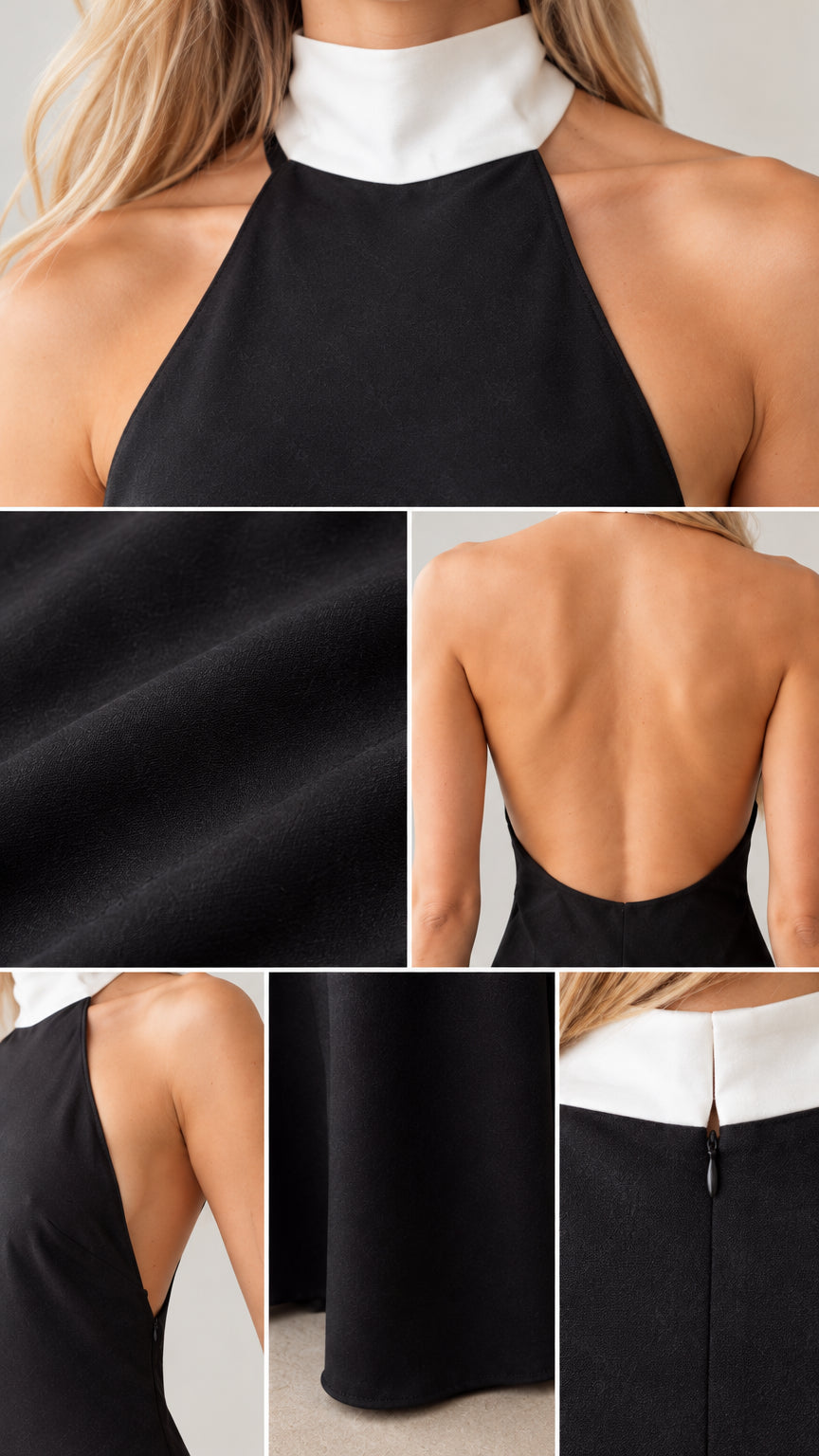 Close-up details of halter neckline, smooth fabric, low back, and zipper closure