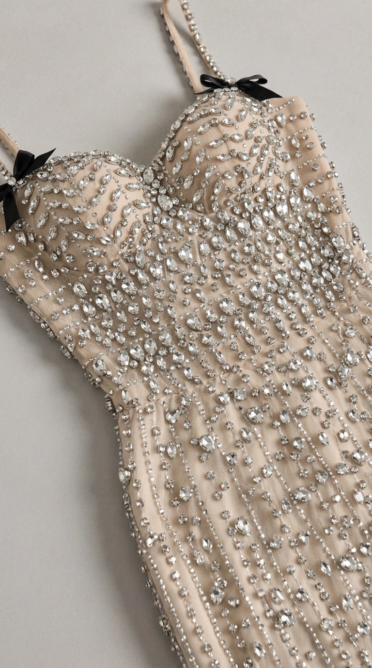 Close-up detail of sweetheart neckline, rhinestone beading, and black bow strap accents