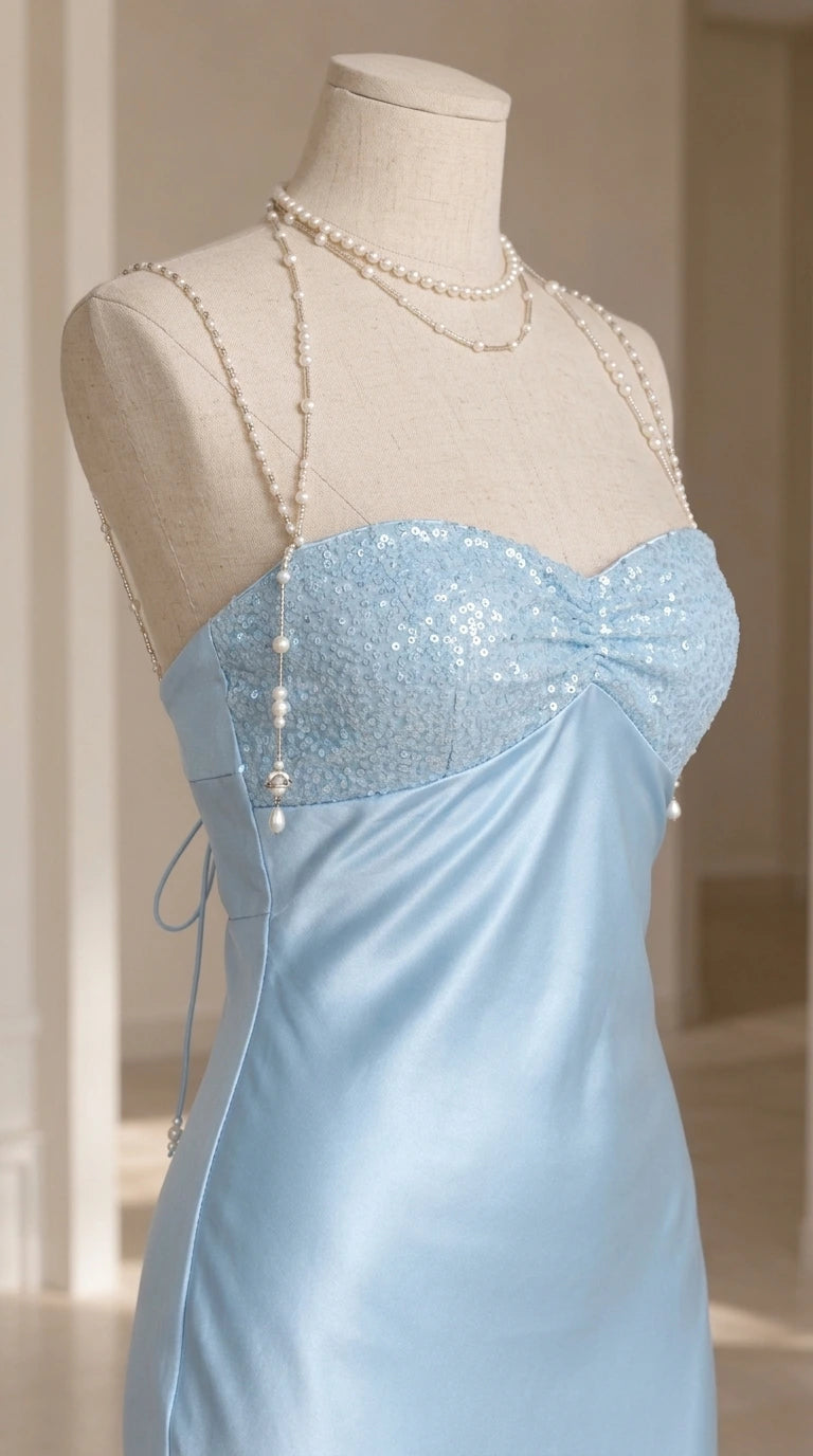 Close up of mannequin showing sequin sweetheart bust and beaded draped straps detail
