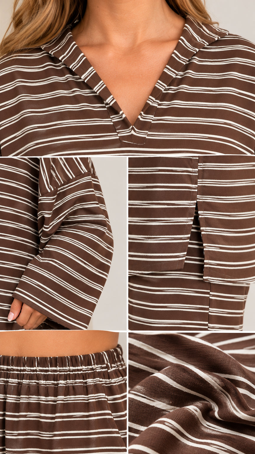 Close-up detail composite showing notched collar, sleeve hem, side slit top hem, elastic waistband, and striped knit fabric texture
