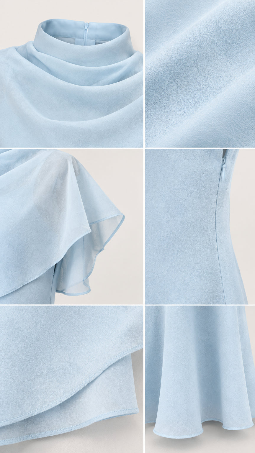 Close-up collage of neckline, chiffon fabric texture, zipper closure, and hem details