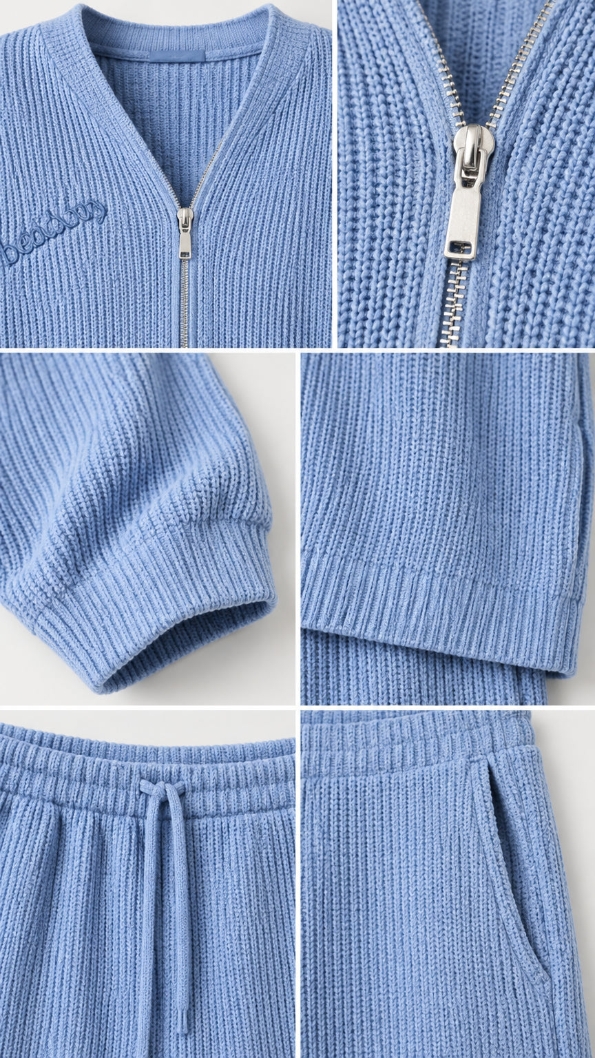Close-up details of Light Blue ribbed knit collar, metal zipper, sleeve cuff, hemline, and pocket drawstring