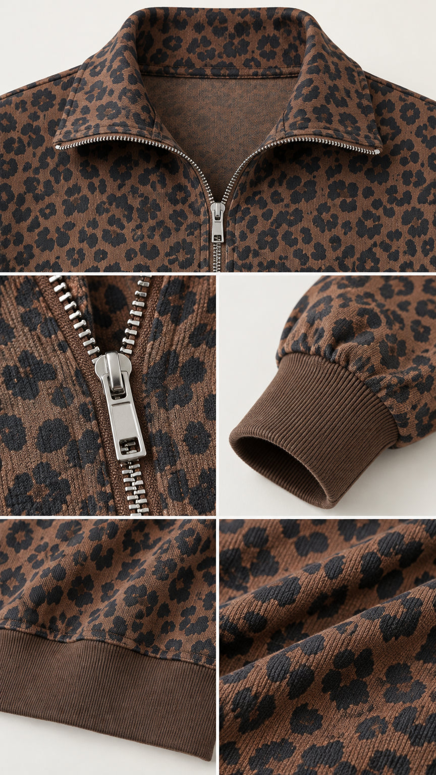 Close-up details of brown leopard sweatshirt showing collar, zipper, ribbed cuff, and hem