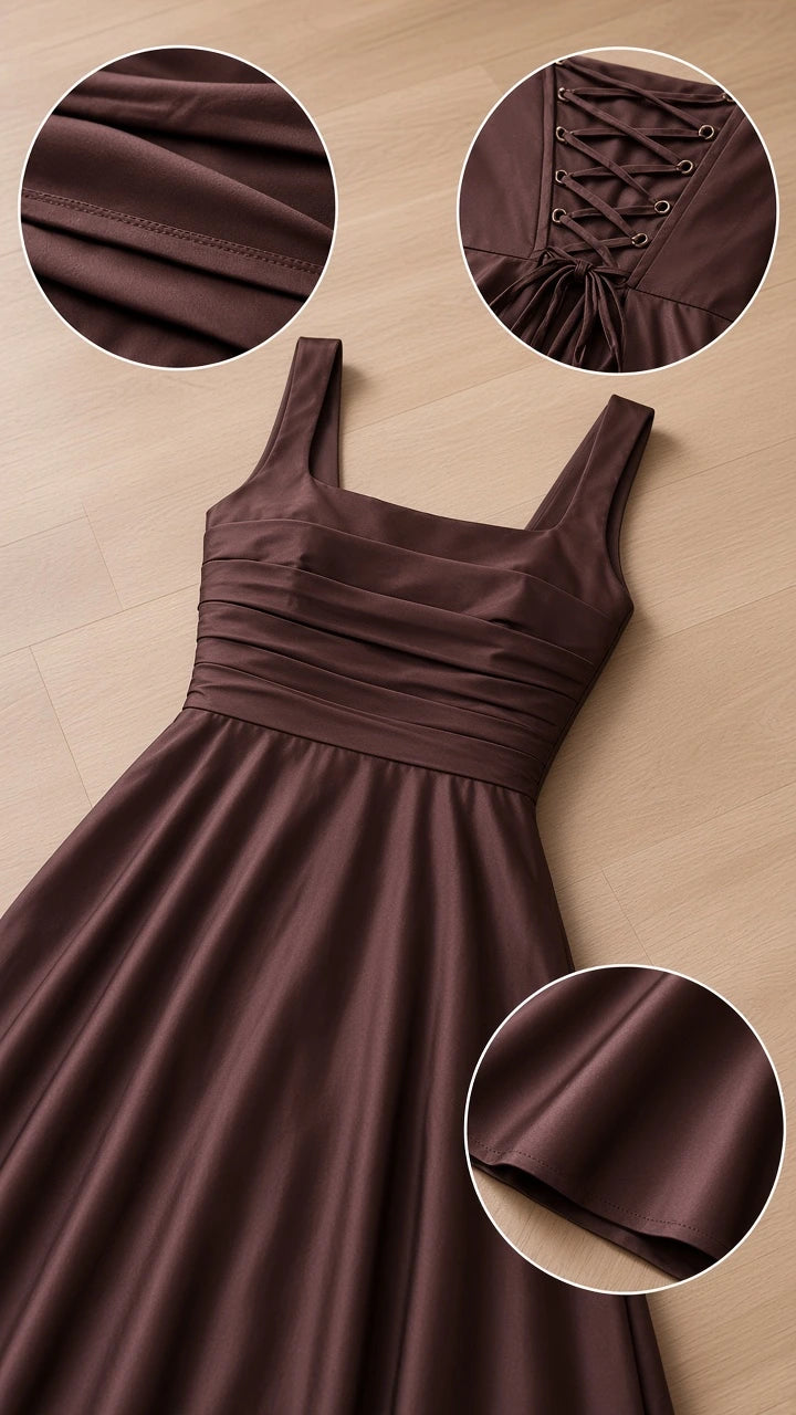 Close-up details of chocolate brown satin maxi dress showing pleating, lace-up back, and hem