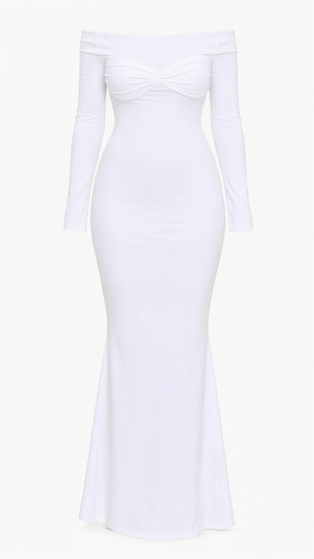 Flat product view of white off-the-shoulder ruched long sleeve dress