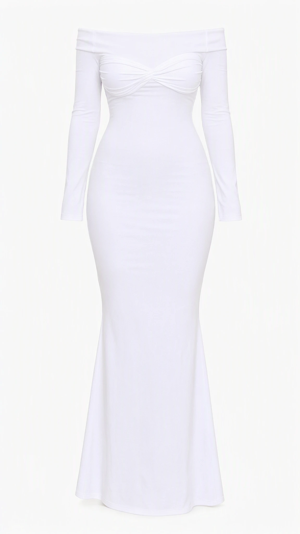 Flat product view of white off-the-shoulder ruched long sleeve dress