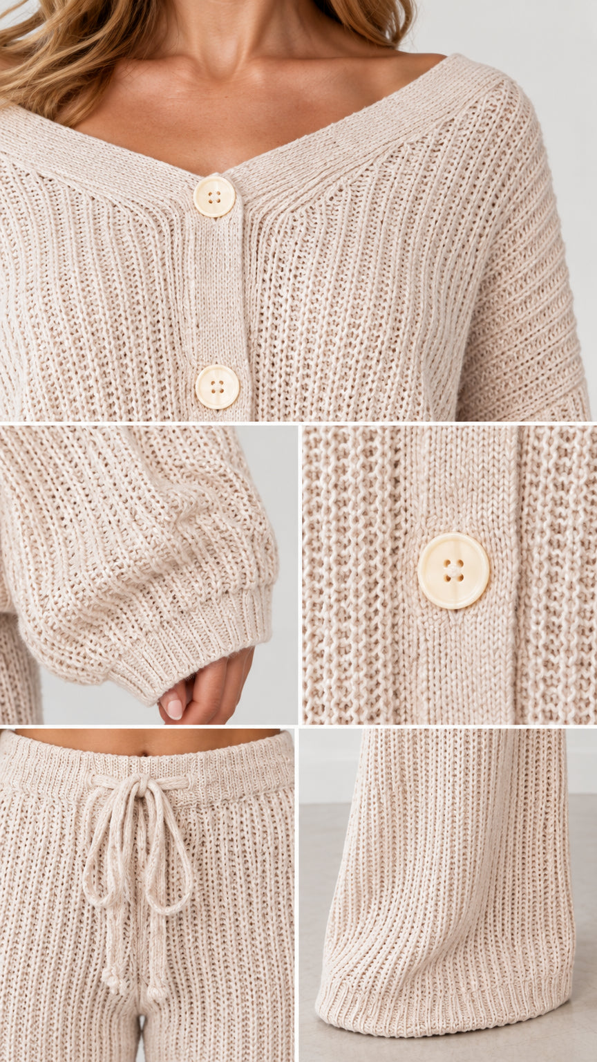 Detailed close-up collage of ribbed knit fabric texture, front buttons, cuff, and drawstring waist