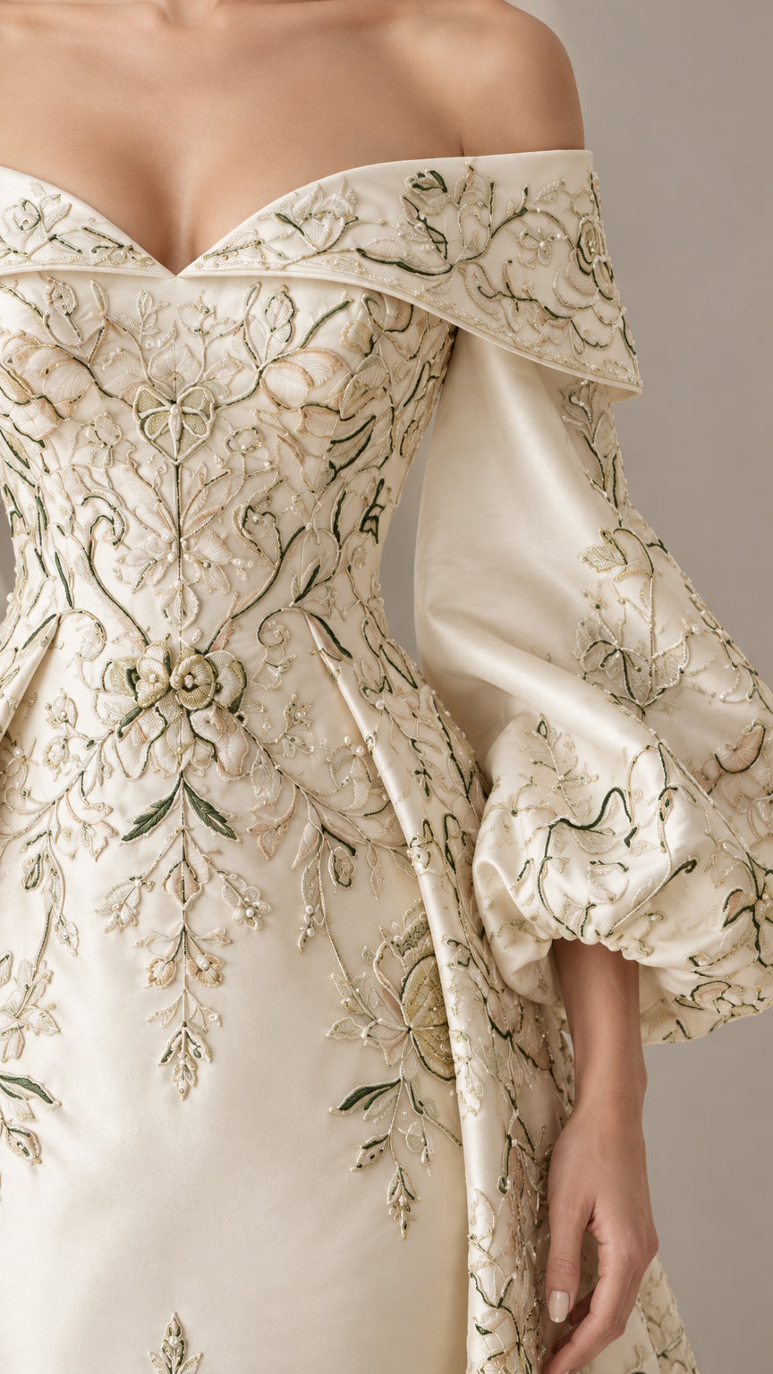 Close-up detail of the intricate metallic and green floral embroidery on the ivory foldover neckline and sleeve