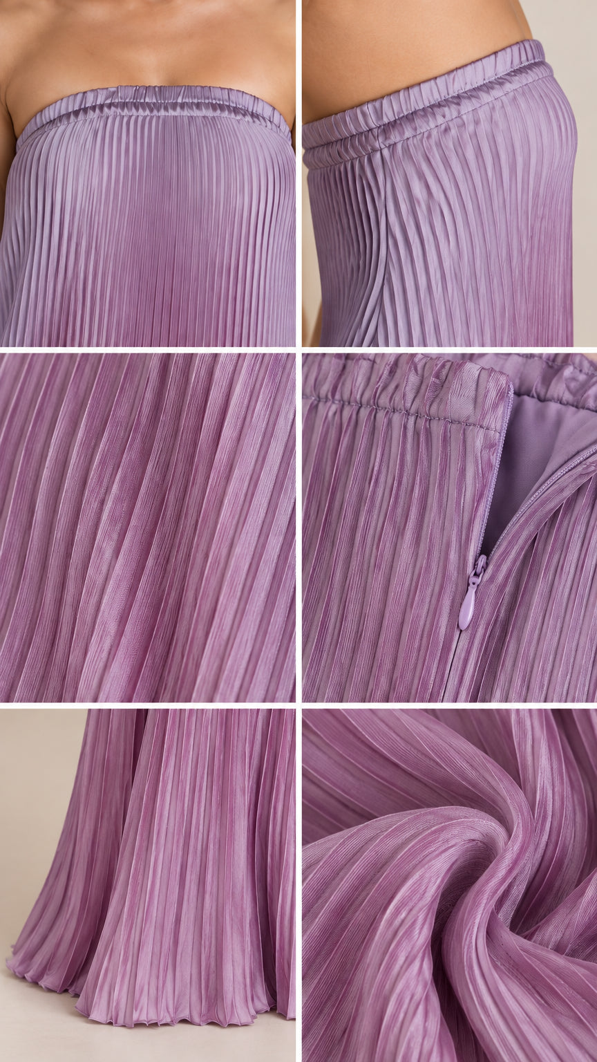 Close-up details of accordion pleats, elastic neckline band, and side zipper