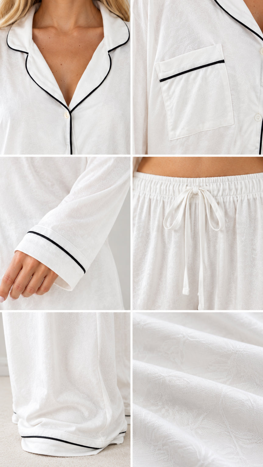Close-up details of collar piping, chest pocket, cuff, drawstring waistband, and soft fabric texture