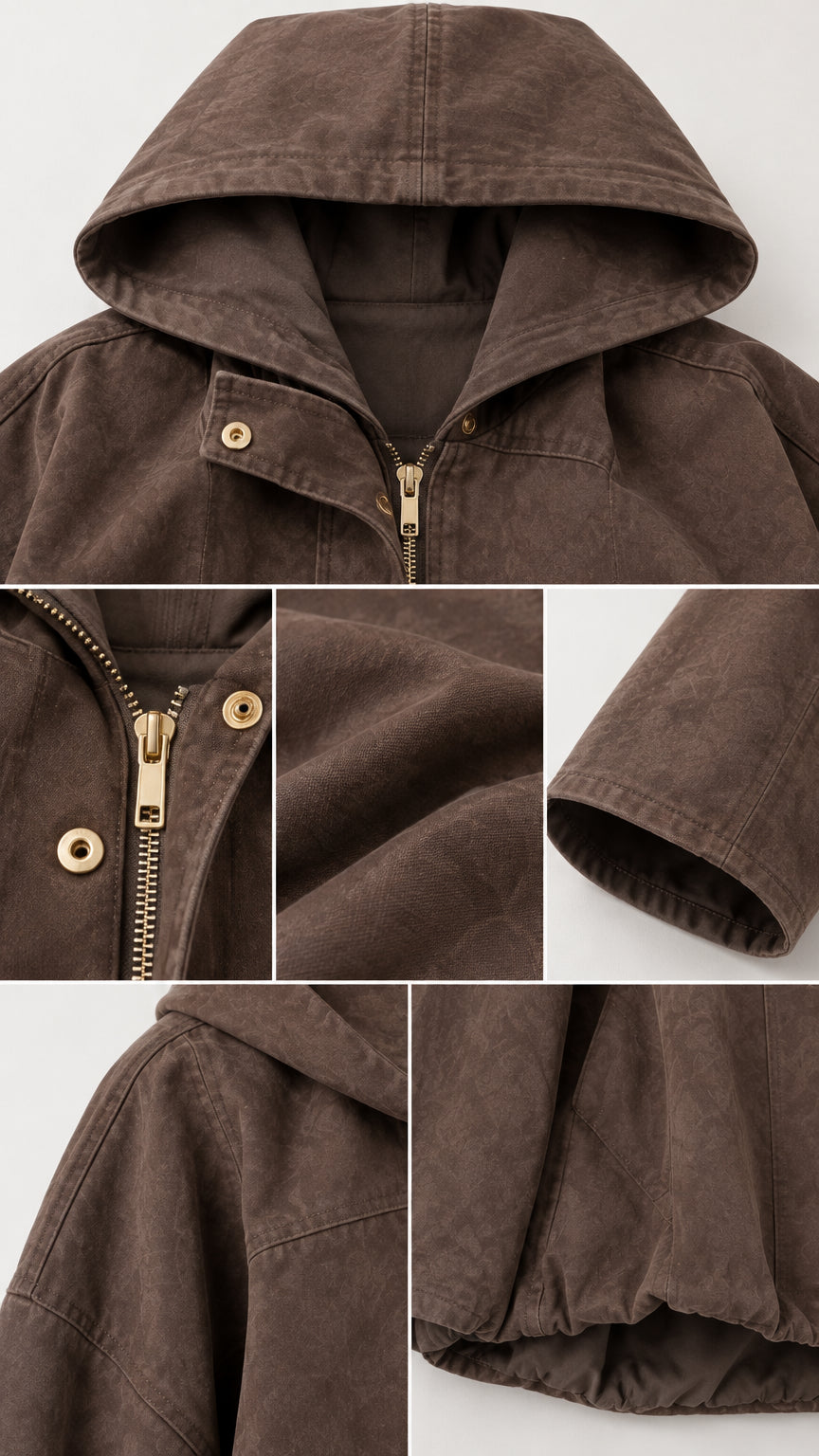 Detailed close-ups of the brown jacket showing the hood, zipper, snap buttons, fabric texture, and hem