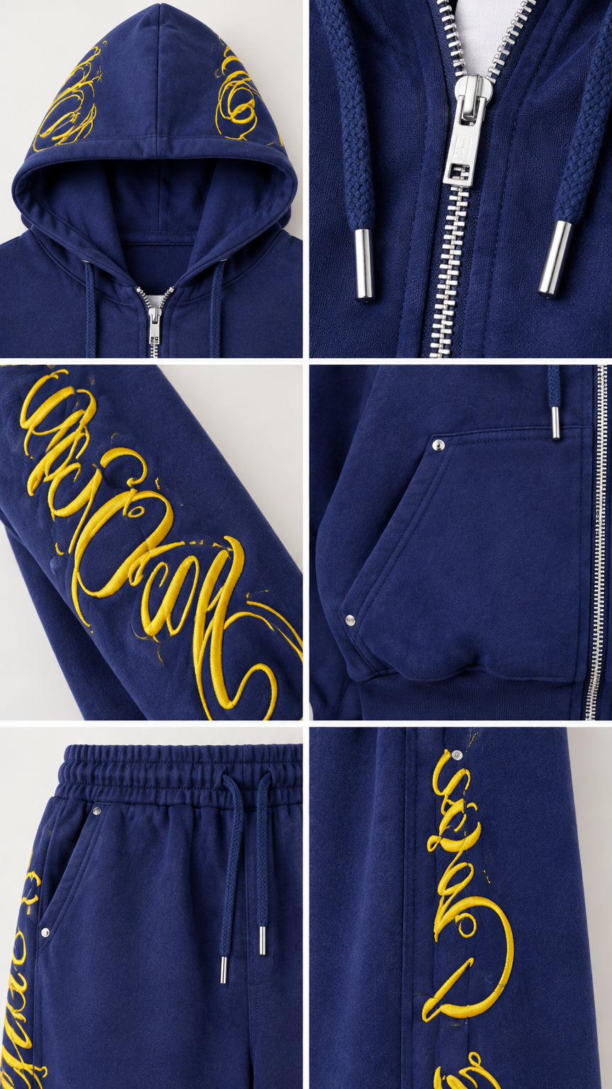Detailed close-up views of hood embroidery, silver zipper, sleeve lettering, pockets, and ribbed hem