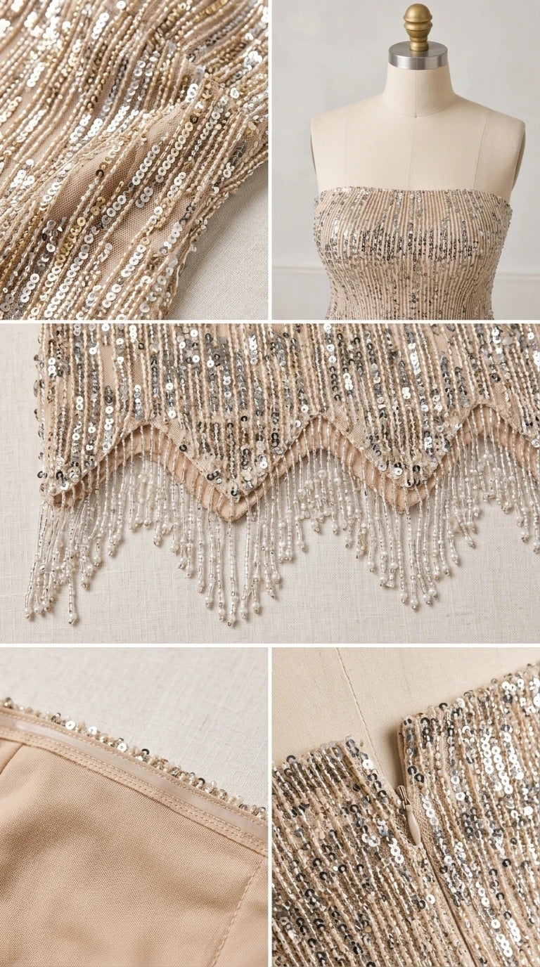 Close-up details of sequin embroidery, beaded fringe hem, and inner lining zipper