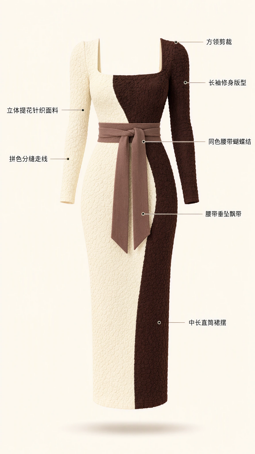 Flat product layout illustrating square neckline, textured fabric, colorblock seam, and waist ribbon details