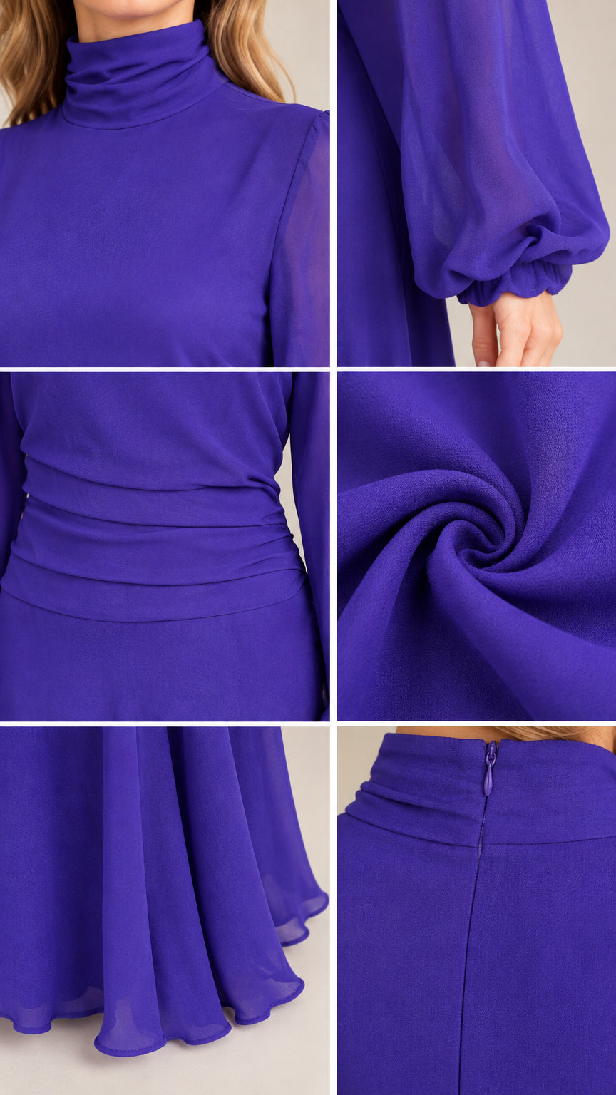 Detailed close-ups of the high collar, blouson sleeve cuffs, ruched waist, chiffon fabric texture, and rear zipper