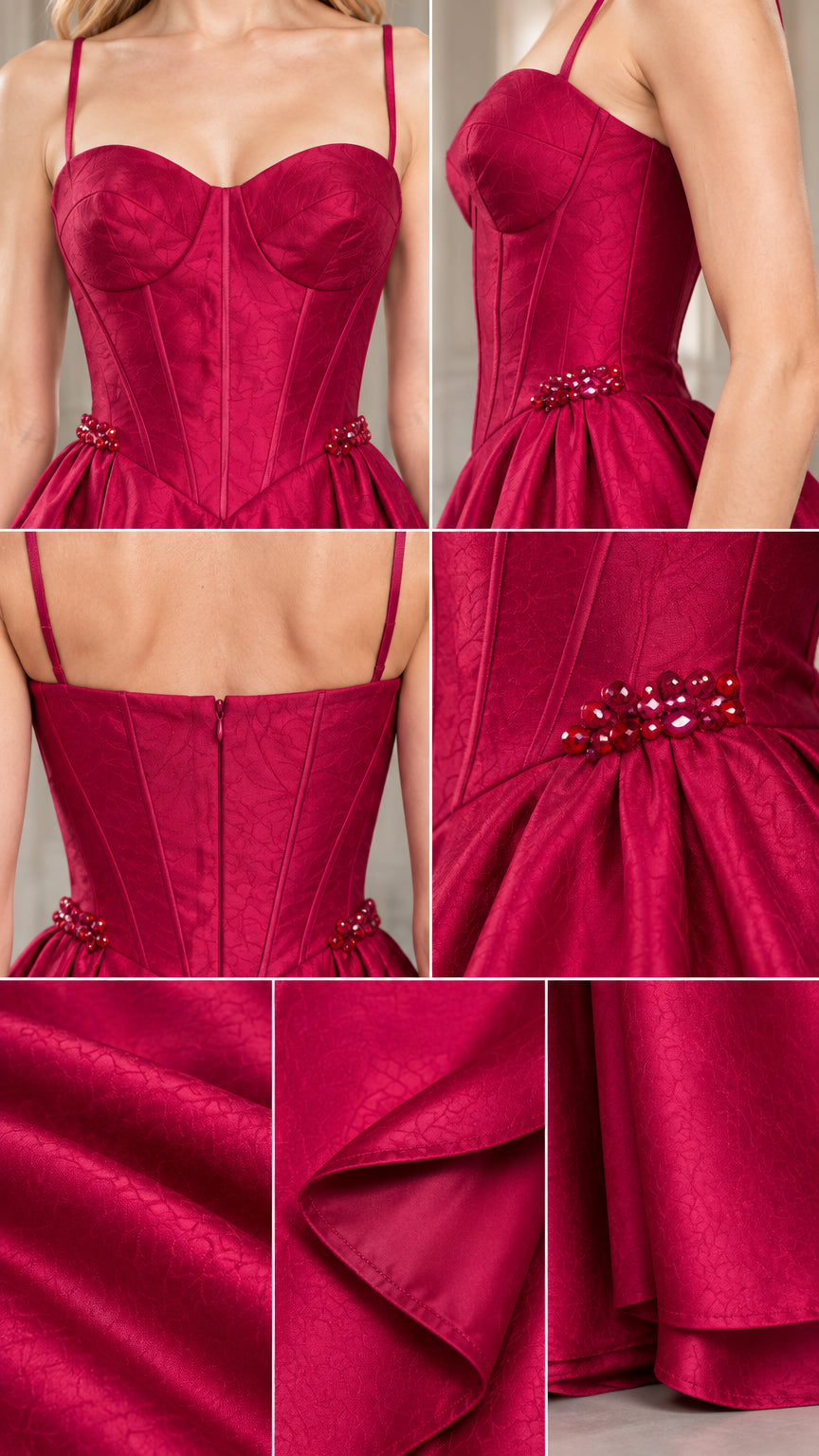 Detailed close-up collage of magenta corset bodice, beaded waist accents, and jacquard fabric texture