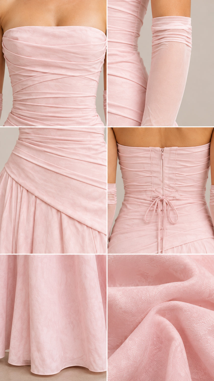 Close-up details of ruched bodice, sheer glove sleeve, back closure, and skirt fabric in blush pink
