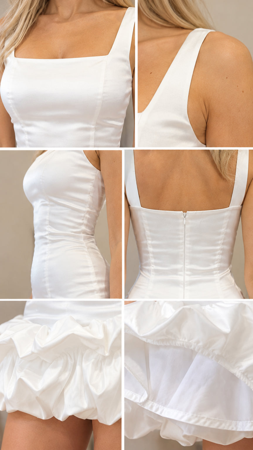 Close-up details of neckline, back zipper, and ruffled hem construction on white dress