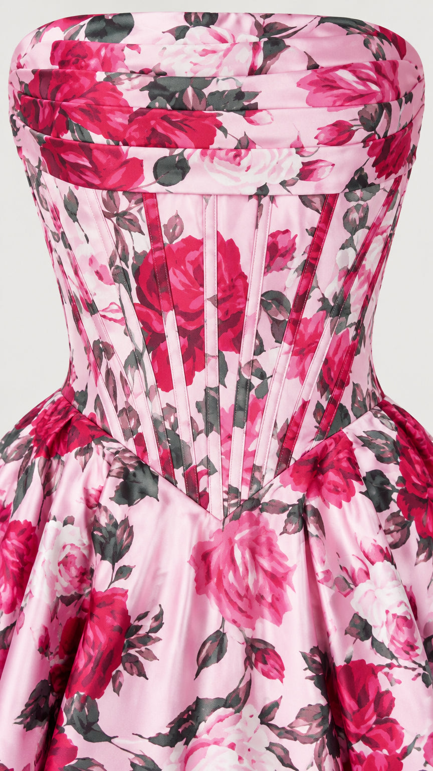 Close up of structured corset bodice with pleating and vertical boning