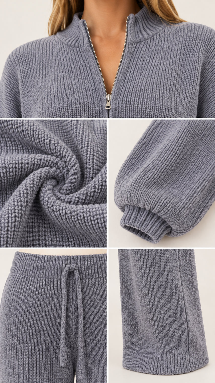 Close-up details of ribbed knit texture, zipper collar, cuff, and drawstring waist