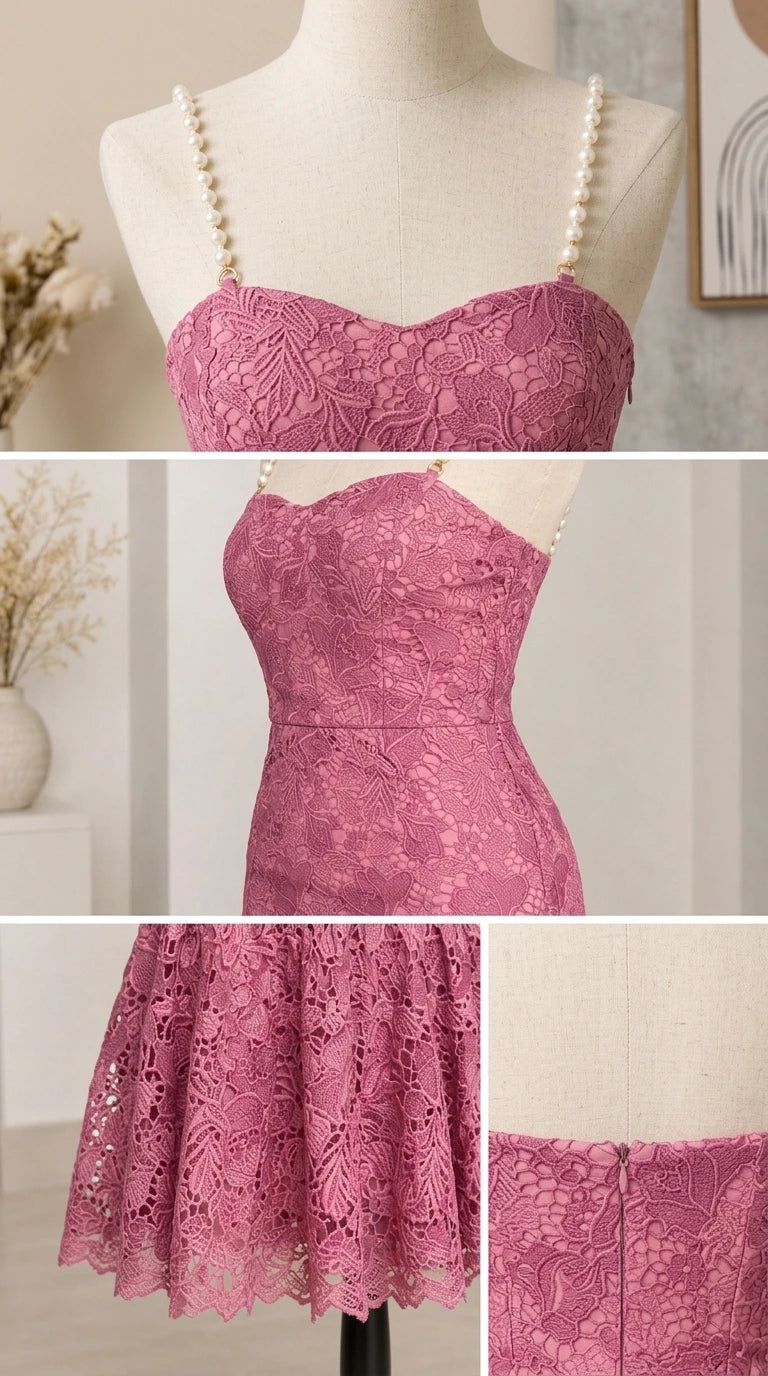 Close-up details of beaded pearl straps, lace sweetheart bodice, scalloped hem, and zipper
