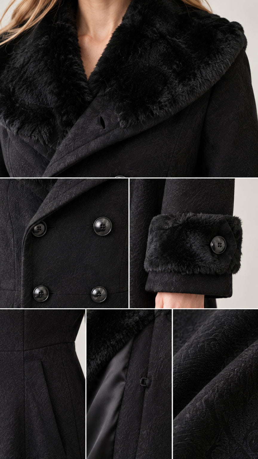Close-up details of black coat showing plush faux-fur collar, buttoned cuffs, front buttons, and interior lining