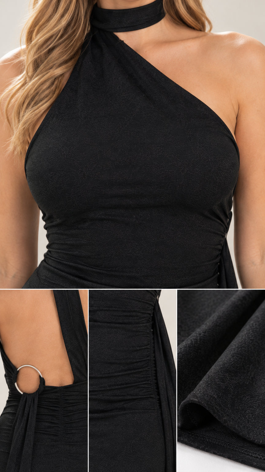 Close-up details of black halter choker neckline, back ring accent, and ruched fabric texture