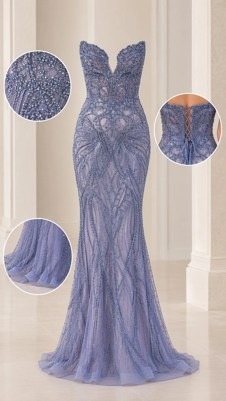 Product detail collage highlighting beading, lace-up back, and flared hem
