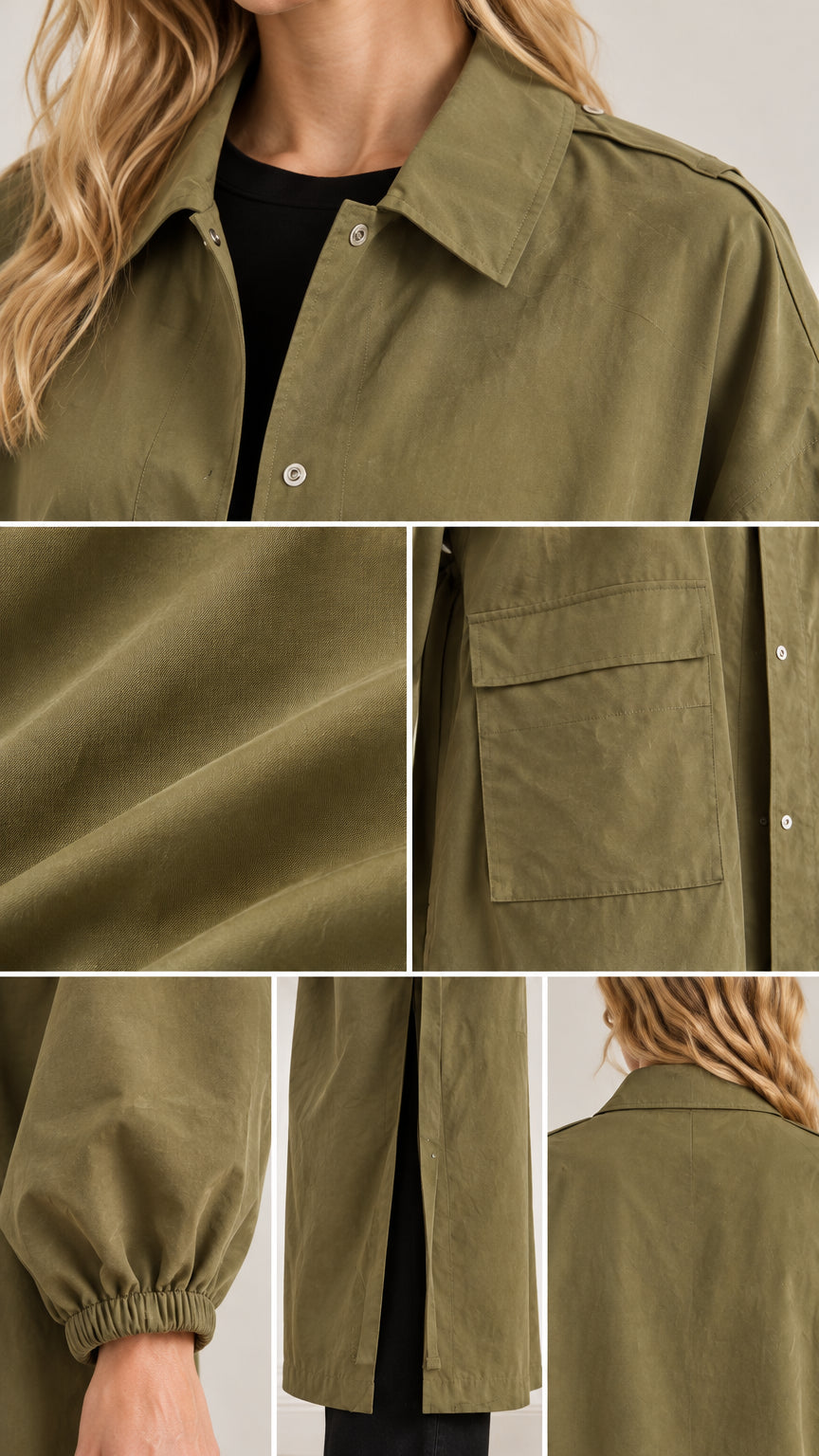 Detailed close-up collage of the olive green duster coat showing collar, fabric texture, patch pocket, and elastic cuff