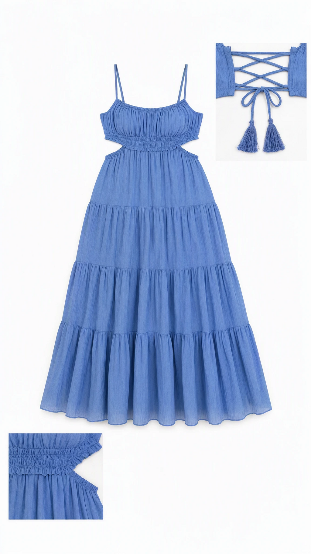 Flat lay of blue cutout tiered maxi dress with close-up back tie and cutout details