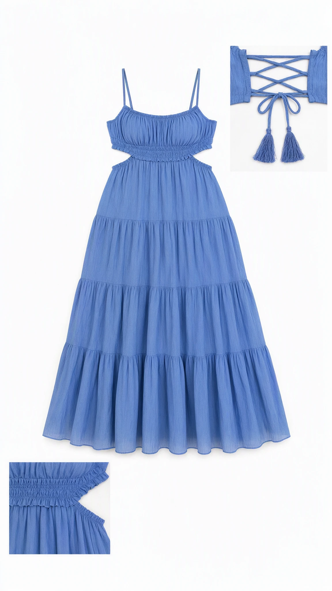 Flat lay of blue cutout tiered maxi dress with close-up back tie and cutout details