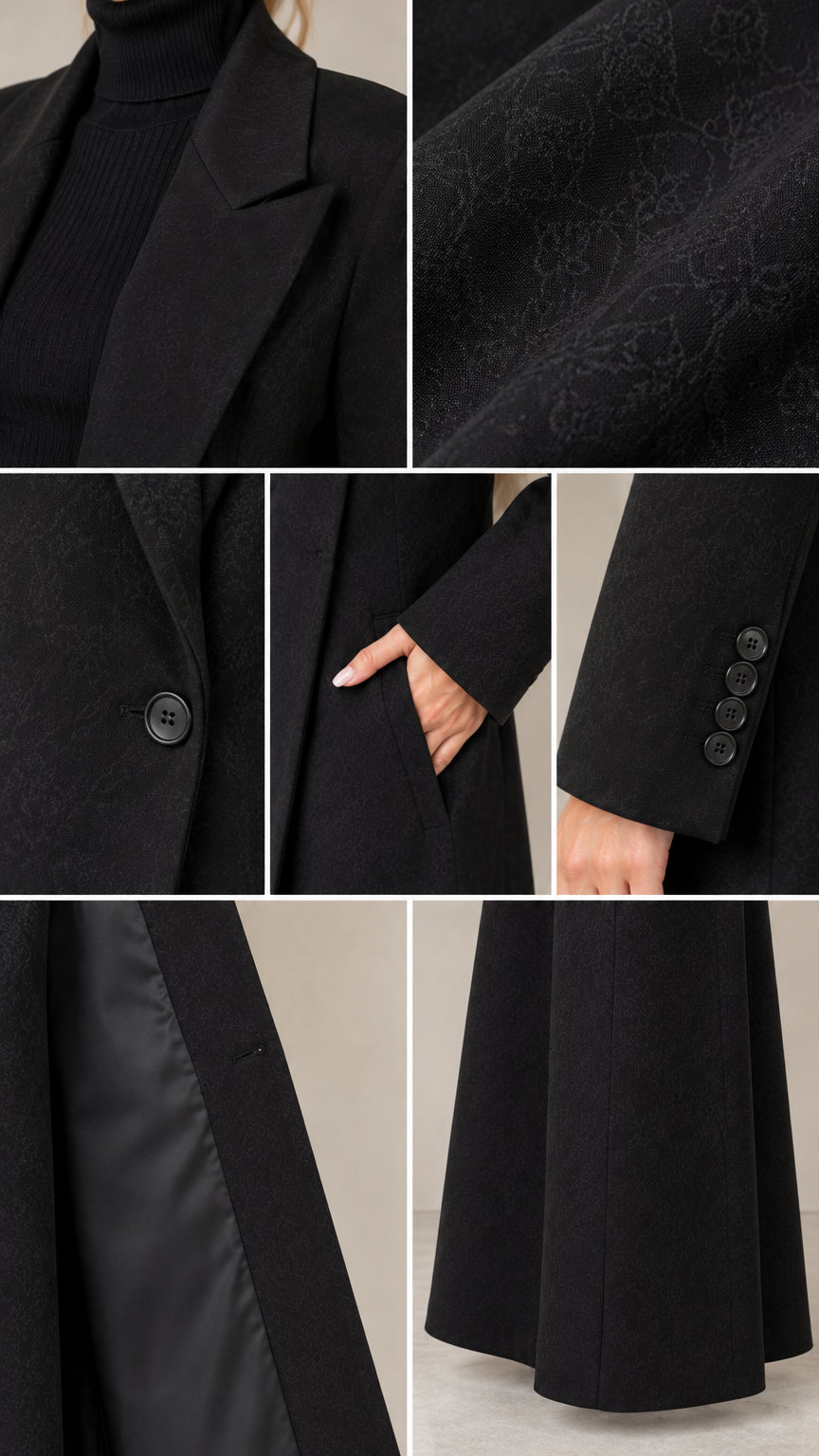 Close-up detail grid of black maxi coat showing notched lapel, fabric texture, button closure, pocket, button cuff, and lining