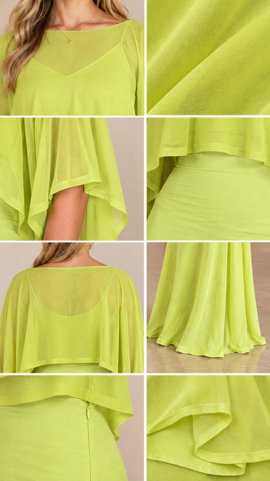 Close-up detail collage of neckline, sheer capelet fabric, and hem of lime green dress
