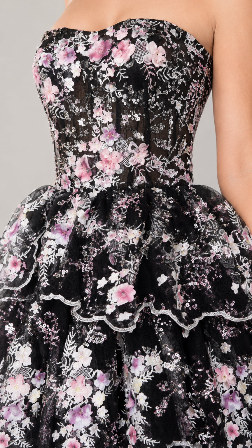 Close-up detail of strapless embroidered bodice and ruffled skirt tier