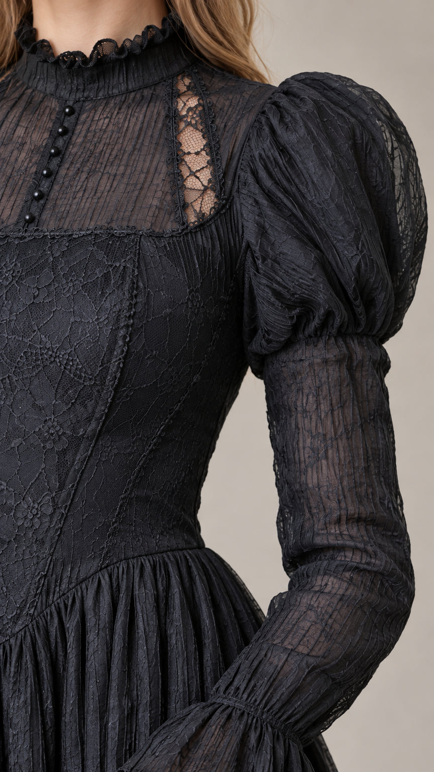 Close-up detail of sheer lace mock neck, bodice seams, and puff shoulder