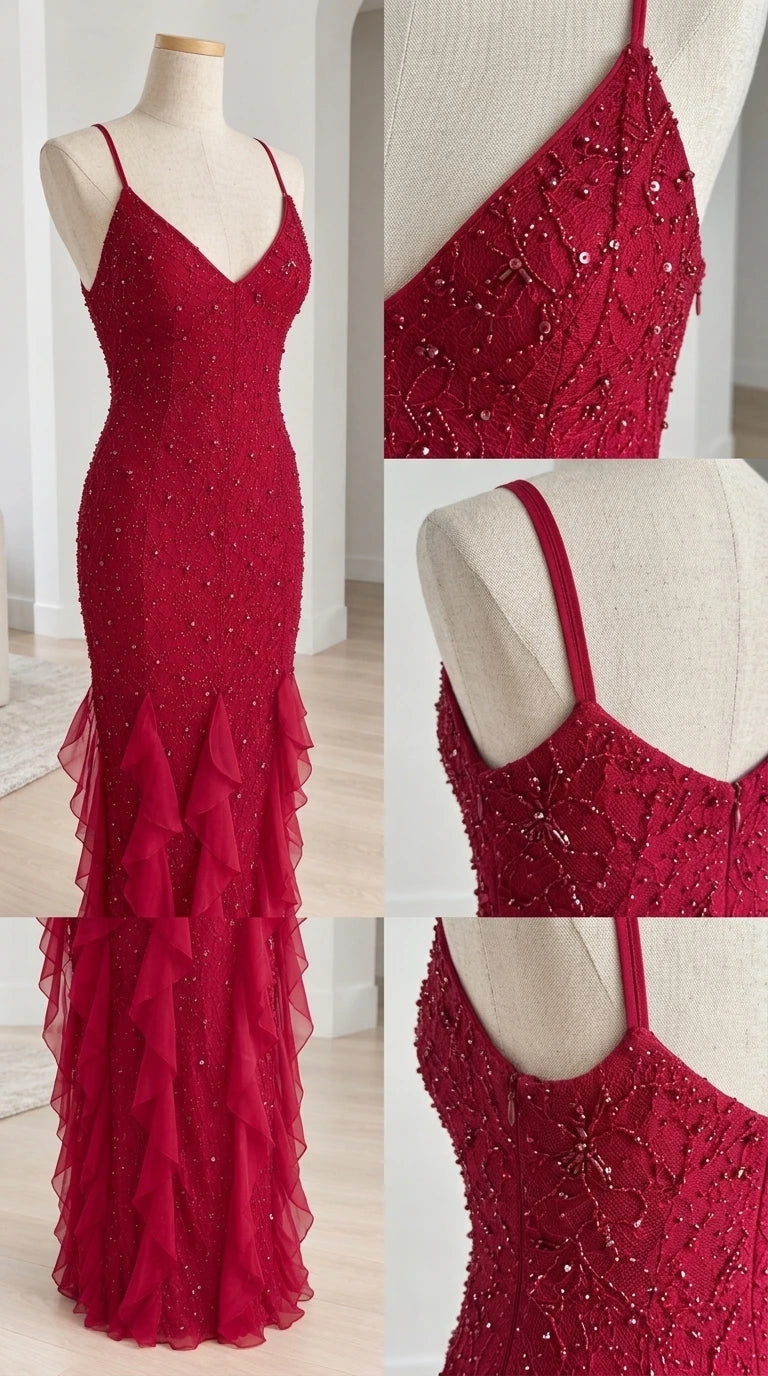 Mannequin detail views showing beadwork, straps, and ruffle construction of ruby red gown