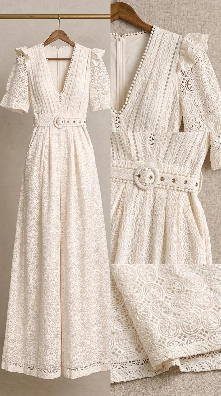 Product flat lay and detail view of ivory lace fabric, neckline trim, and belt
