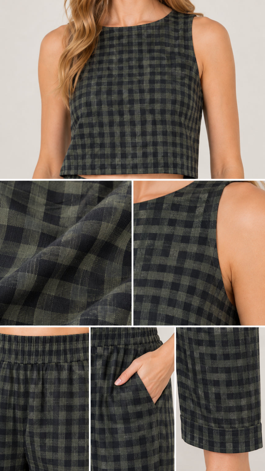Close-up detail shots showing neckline, textured plaid fabric, elastic waistband, side pocket, and cuffed pants hem