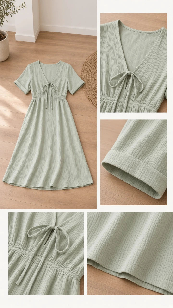 Flat lay and close-up detail photos showing fabric texture, neckline tie, and cuffed sleeves of sage green dress