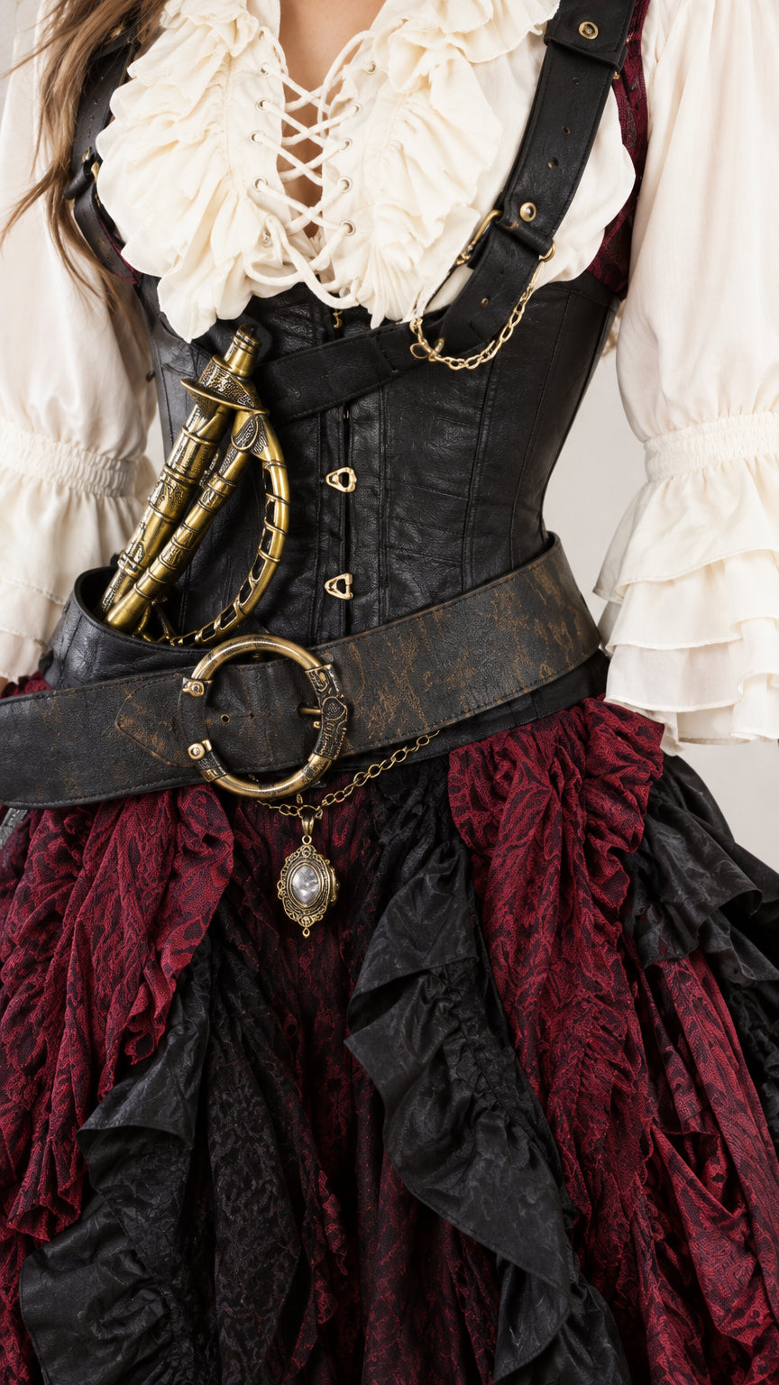 Detailed close-up of pirate corset vest, hardware belt, and ruffled peasant neckline